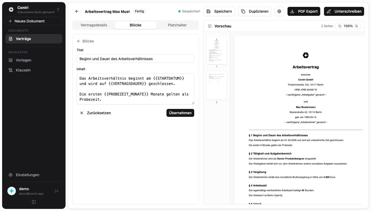 Contri — Vertragseditor mit Vorschau