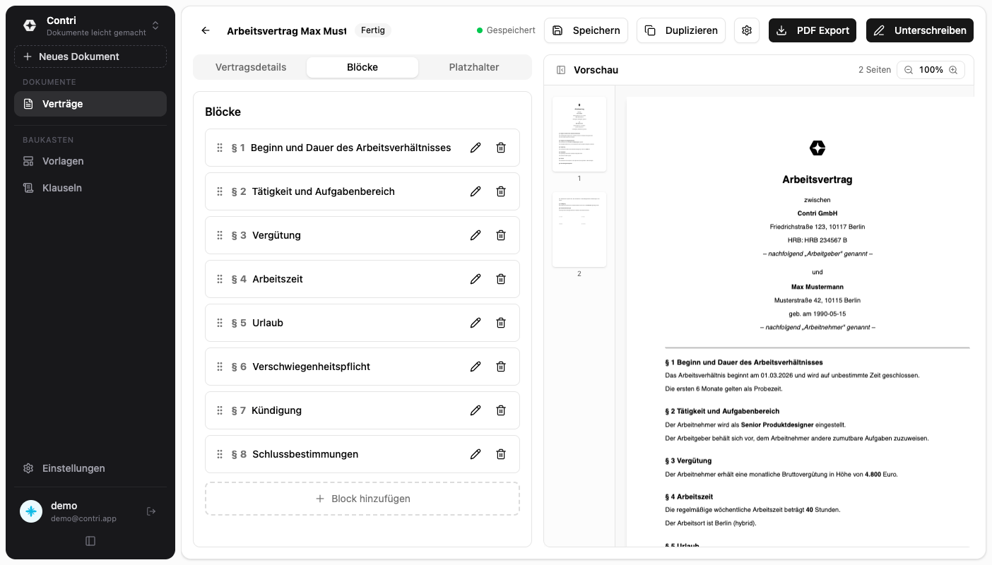 Contri — Unterschriebener Vertrag mit Audit-Trail